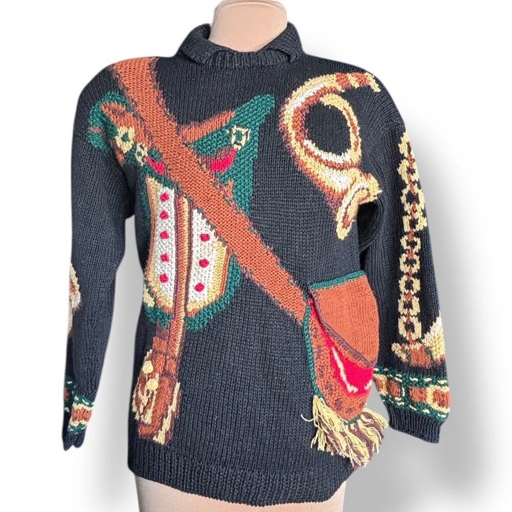 Vintage The Eagles Eye Black Hand Knit Chunky Equestrian Trompe‎ Loeil Sweater